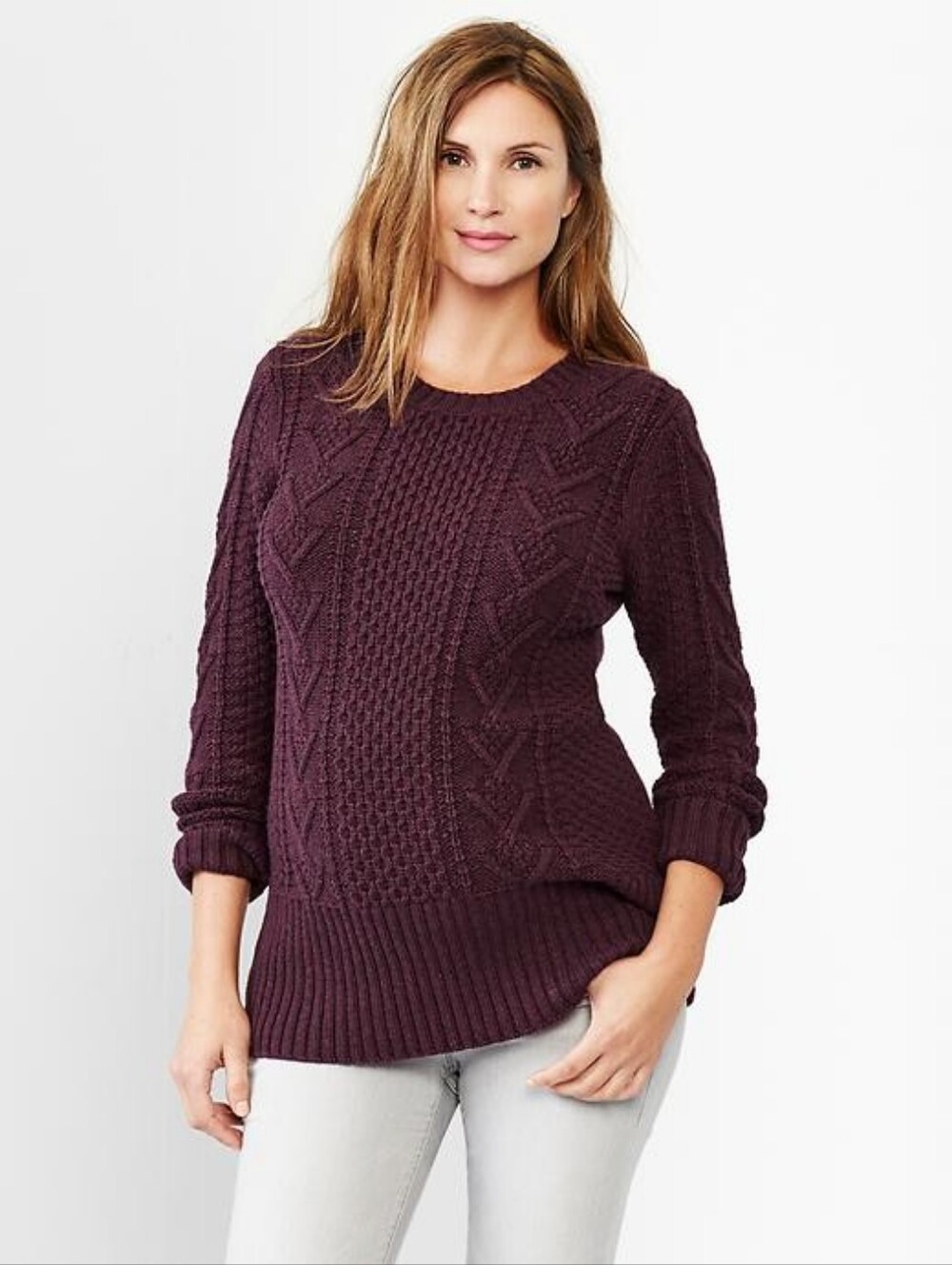 GAP 100% Cotton Cable Knit Crewneck Sweater - Burgundy